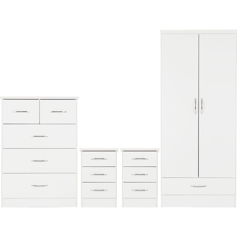 (SECONIQUE) White, Gloss, 2 Door, 1 Draw - Wardrobe, 2, 3 Draw - Bedside Table, 5 Draw - Chest Drawer, Set by Nevada - yofurn