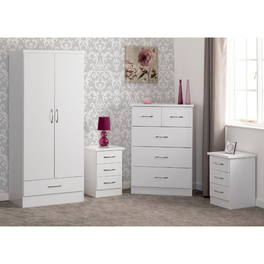 (SECONIQUE) White, Gloss, 2 Door, 1 Draw - Wardrobe, 2, 3 Draw - Bedside Table, 5 Draw - Chest Drawer, Set by Nevada - yofurn