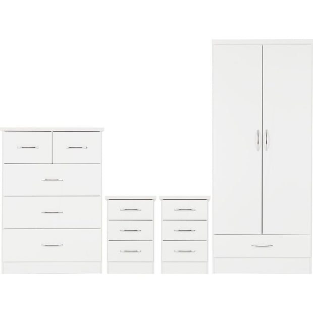 (SECONIQUE) White, Gloss, 2 Door, 1 Draw - Wardrobe, 2, 3 Draw - Bedside Table, 5 Draw - Chest Drawer, Set by Nevada - yofurn