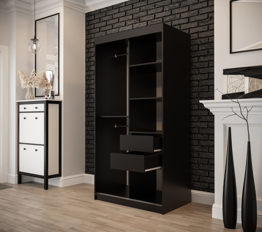Tilburg I Sliding Door Wardrobe 100cm [Dark Oak & Black] - Optional Drawers [Purchased Separately]