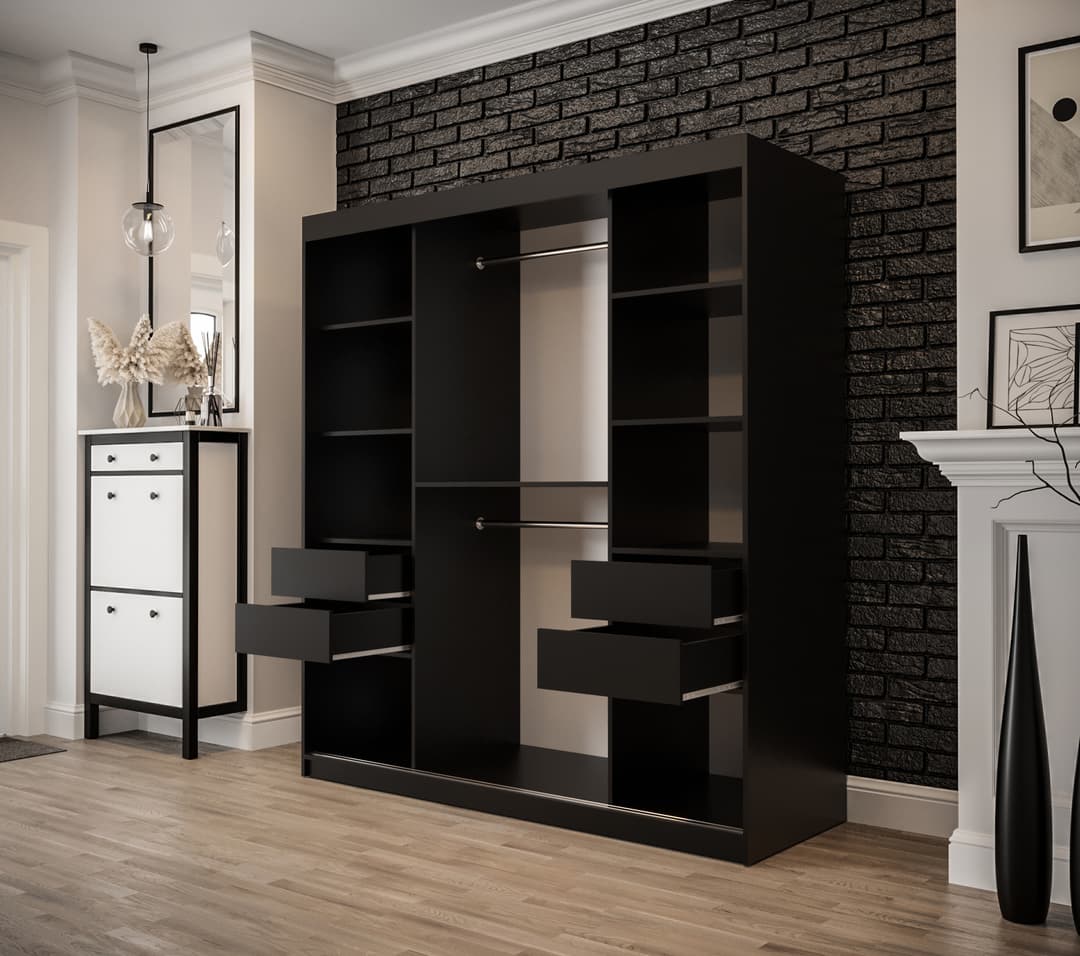 Tilburg II Sliding Door Wardrobe 180cm [Dark Oak & Black] - Optional Drawers [Purchased Separately]