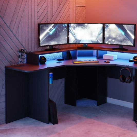 Black Quartz Corner Computer Gaming Desk with Colour Changing LED Lights by Recoil