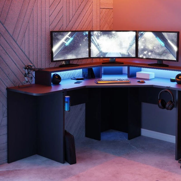 Black Quartz Corner Computer Gaming Desk with Colour Changing LED Lights by Recoil