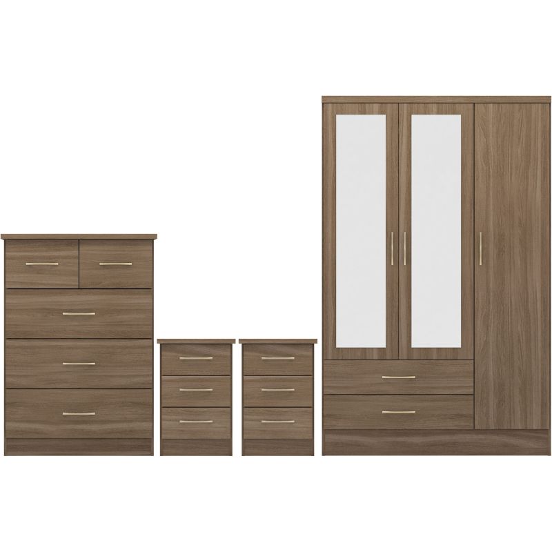 (SECONIQUE) 3 Door, 2 Draw, 2 Mirror Door - Wardrobe, 5 Draw -Chest Drawer, 2, 3 Draw -Bedside Table, Set by Nevada - yofurn