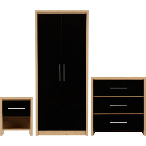 (SECONIQUE) Gloss, 2 Door - Wardrobe, 3 Draw - Chest Drawer, 1 Draw - Bedside Table, Set by Seville - yofurn