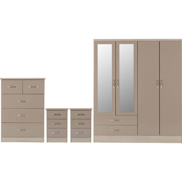 (SECONIQUE) 4 Door, 2 Draw, Mirror Door - Wardrobe, 5 Draw -Chest Drawer, 3 Draw, 2 - Bedside Table, Set by Nevada - yofurn