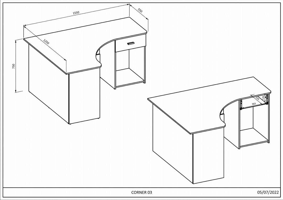 Corner Desk 155cm [Oak] - Dimensions Image