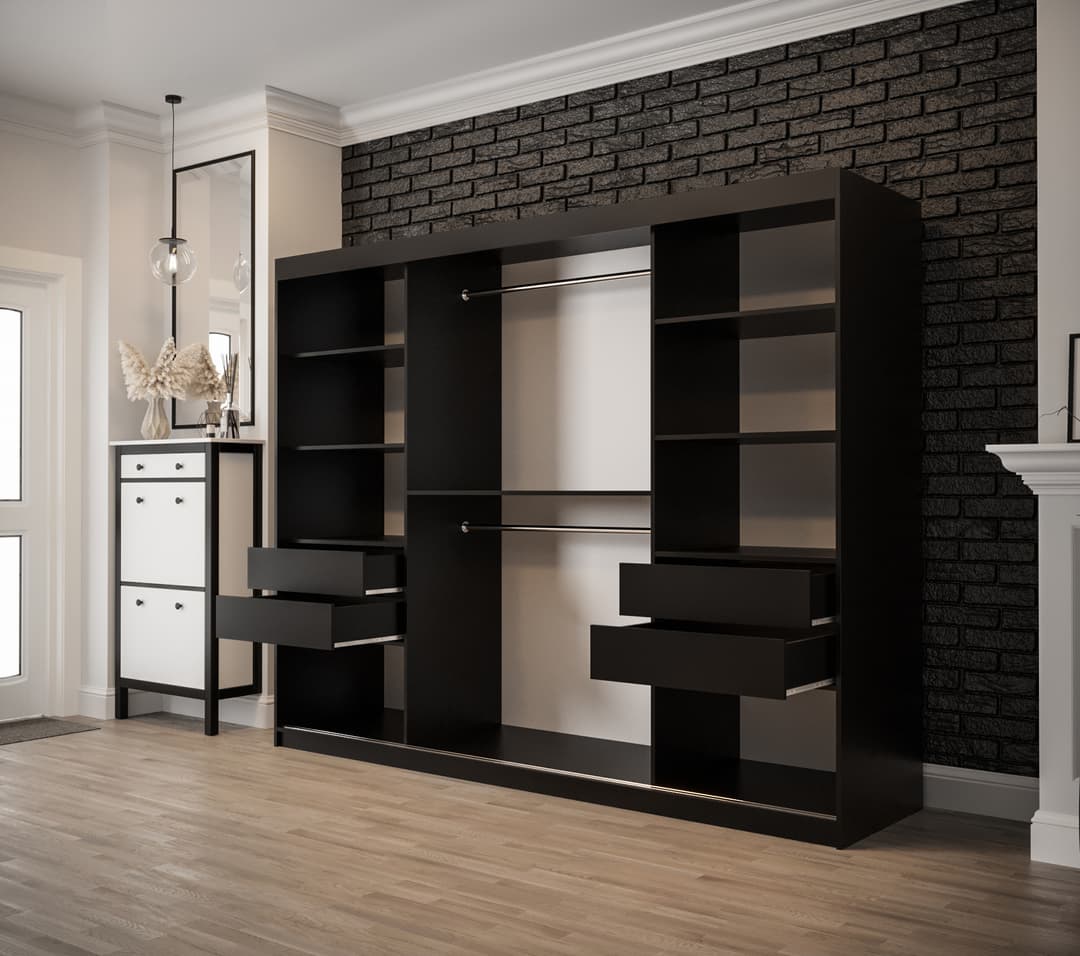  Tilburg Sliding Door Wardrobe 250cm [Dark Oak & Black] - Optional Drawers [Purchased Separately]