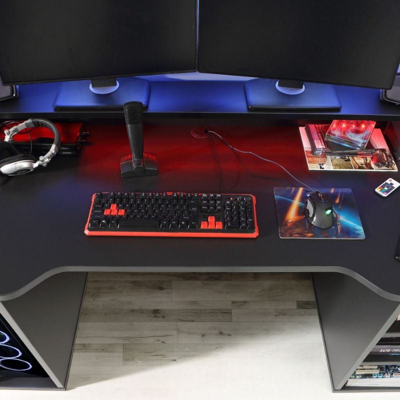 Black Computer Gaming Desk with Colour Changing LED Lights by Flair