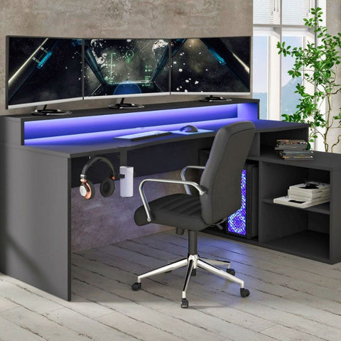 Black Corner Computer Gaming Desk with Colour Changing LED Lights by Flair