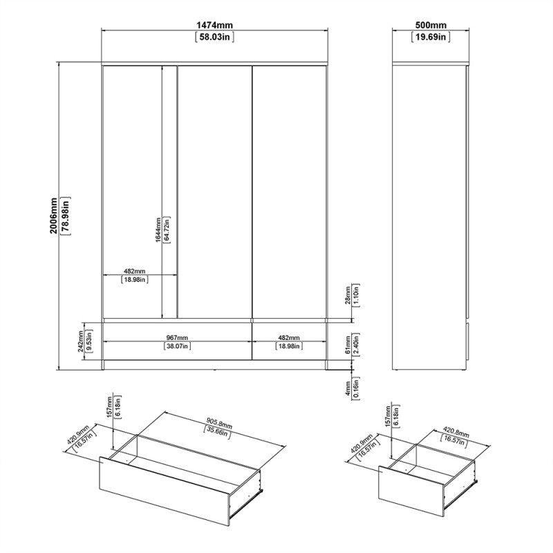 (FURNITURE TO GO) 2 Draw, 3 Door, Gloss, White, Wardrobe by Naia - yofurn