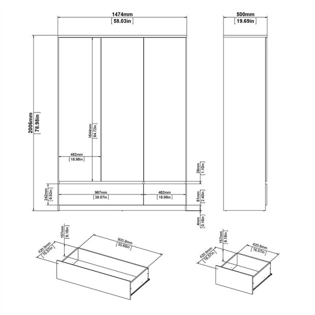 (FURNITURE TO GO) 2 Draw, 3 Door, Gloss, White, Wardrobe by Naia - yofurn