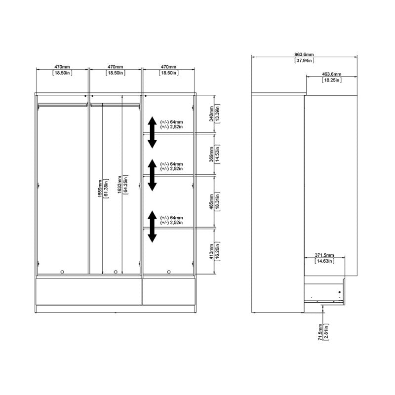 (FURNITURE TO GO) 2 Draw, 3 Door, Gloss, White, Wardrobe by Naia - yofurn