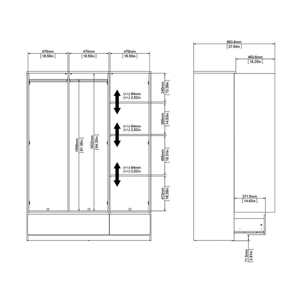 (FURNITURE TO GO) 2 Draw, 3 Door, Gloss, White, Wardrobe by Naia - yofurn