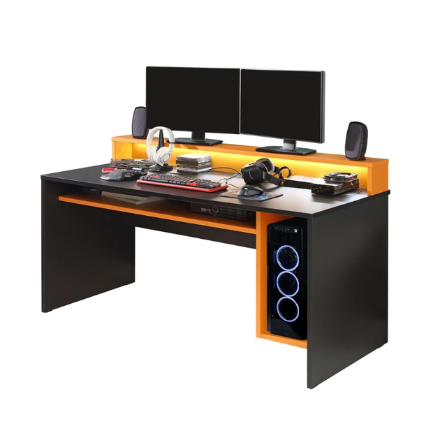 Orange & Black Computer Gaming Desk with Colour Changing LED Lights by Flair