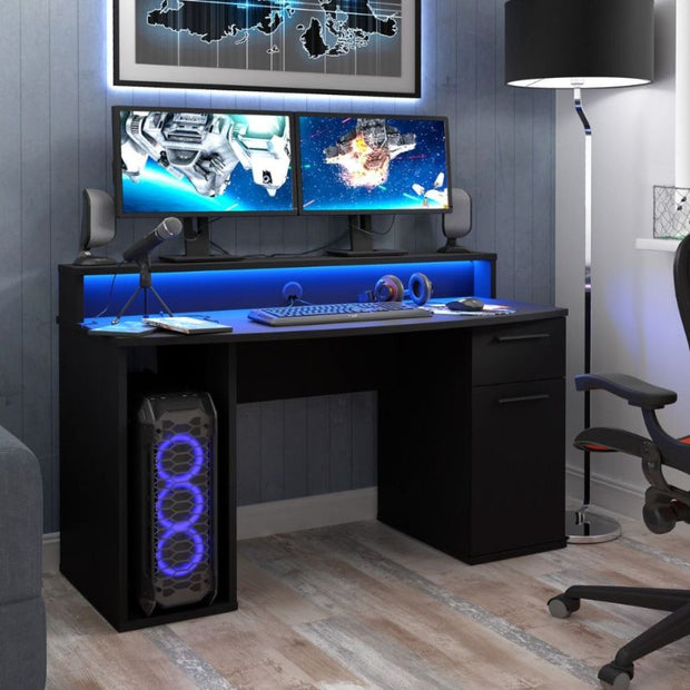 Black Compact Computer Gaming Desk with Colour Changing LED Lights by Flair