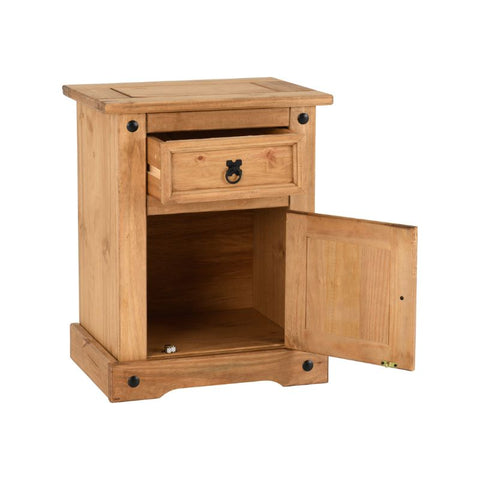 (SECONIQUE) 1 Draw, 1 Door, Brown, Waxed Pine, Bedside Table - yofurn