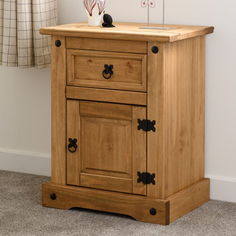 (SECONIQUE) 1 Draw, 1 Door, Brown, Waxed Pine, Bedside Table - yofurn