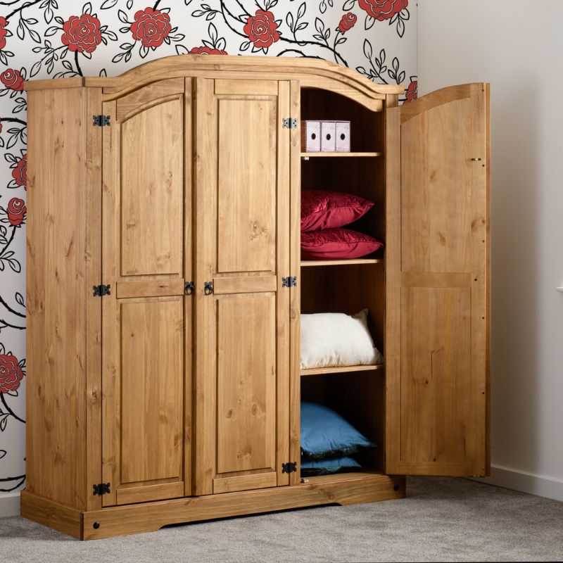 (SECONIQUE) 3 Door, Brown, Waxed Pine, Wardrobe - yofurn