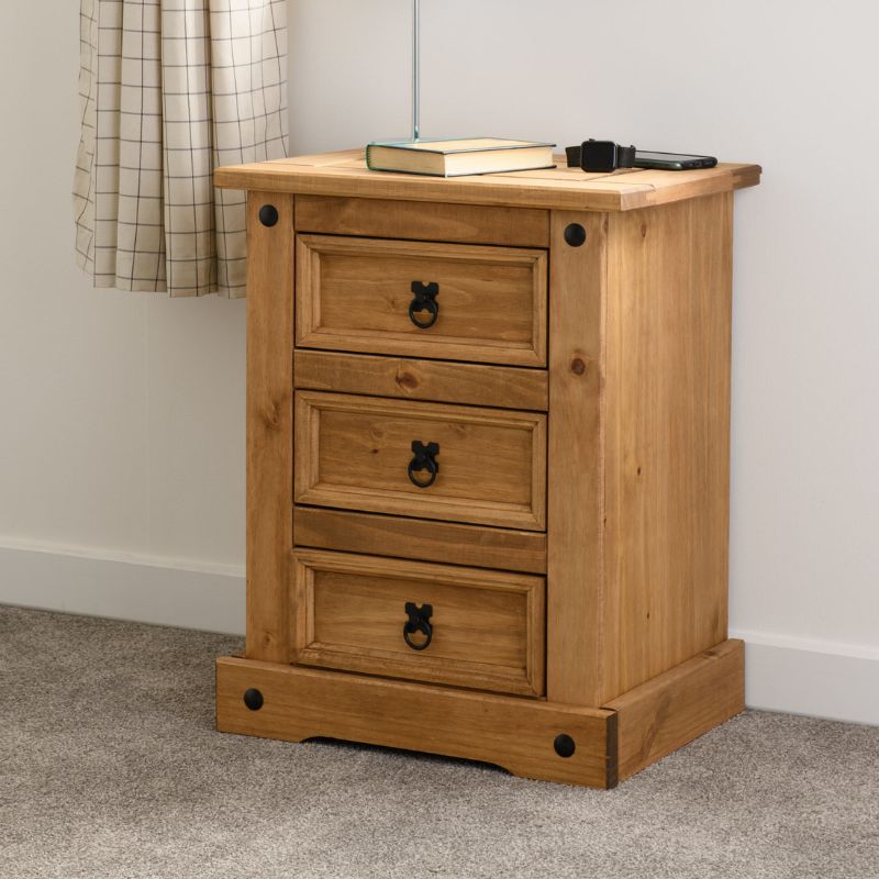 (SECONIQUE) 3 Draw, Brown, Waxed Pine, Bedside Table - yofurn