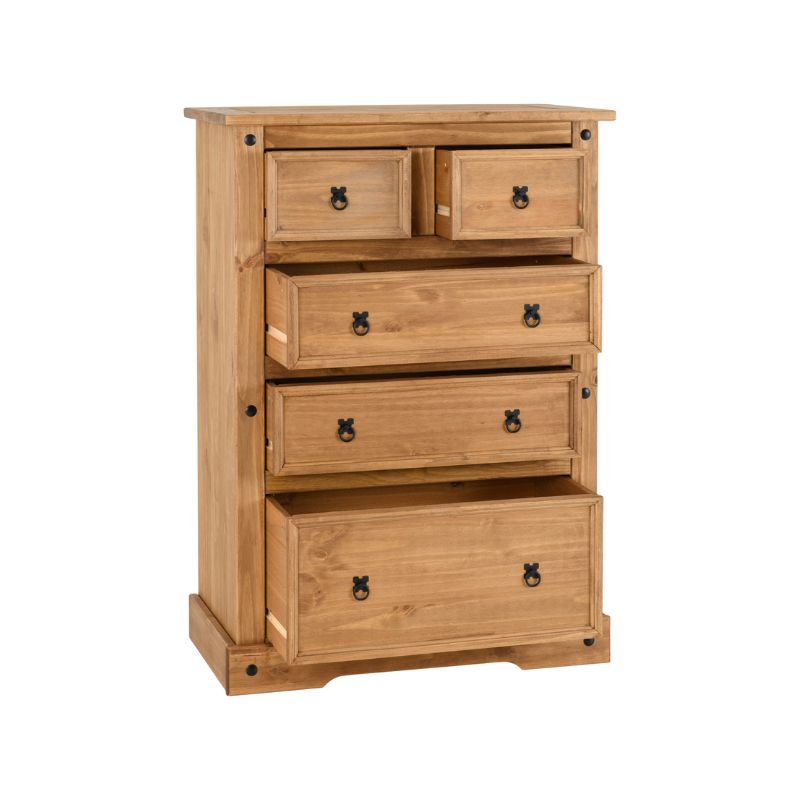 (SECONIQUE) 5 Draw, Brown, Waxed Pine, Chest Drawer - yofurn