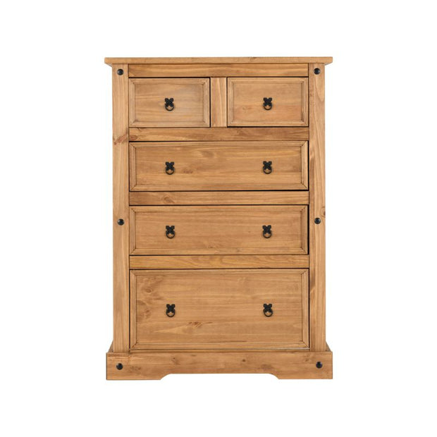 (SECONIQUE) 5 Draw, Brown, Waxed Pine, Chest Drawer - yofurn