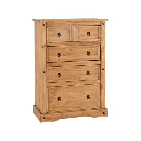 (SECONIQUE) 5 Draw, Brown, Waxed Pine, Chest Drawer - yofurn