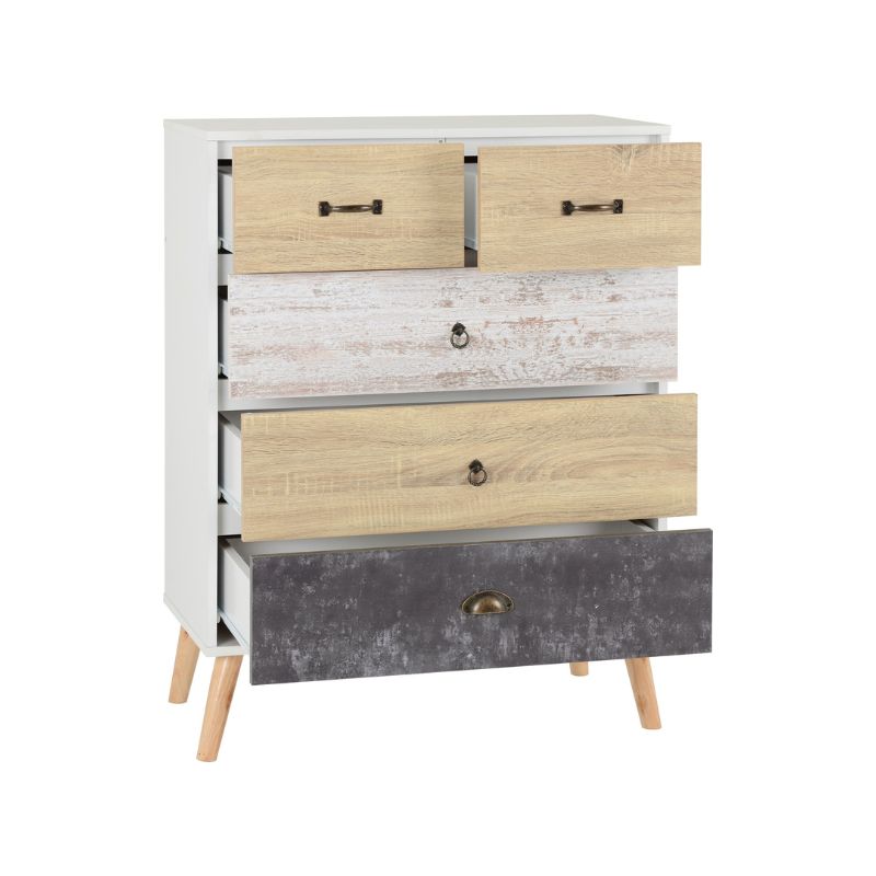 SECONIQUE, Nordic, 3+2 Draw, White, Distressed, Chest Drawer - yofurn