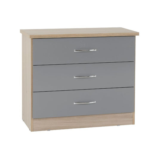 SECONIQUE, Nevada, 3 Draw, Grey, Gloss, Light Oak, Chest Drawer - yofurn