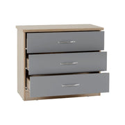 SECONIQUE, Nevada, 3 Draw, Grey, Gloss, Light Oak, Chest Drawer - yofurn