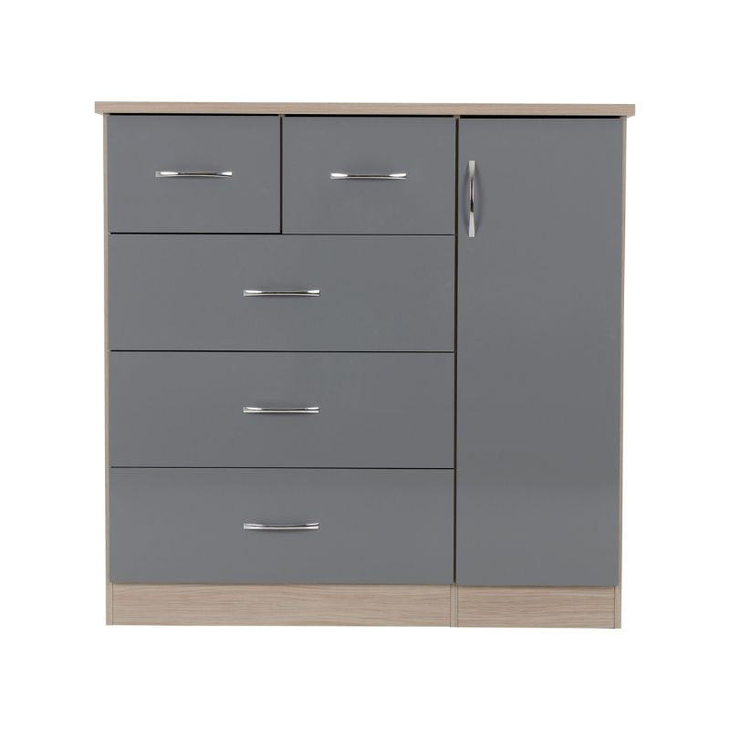 SECONIQUE, Nevada, 5 Draw, Grey, Gloss, Light Oak, Low, Wardrobe - yofurn