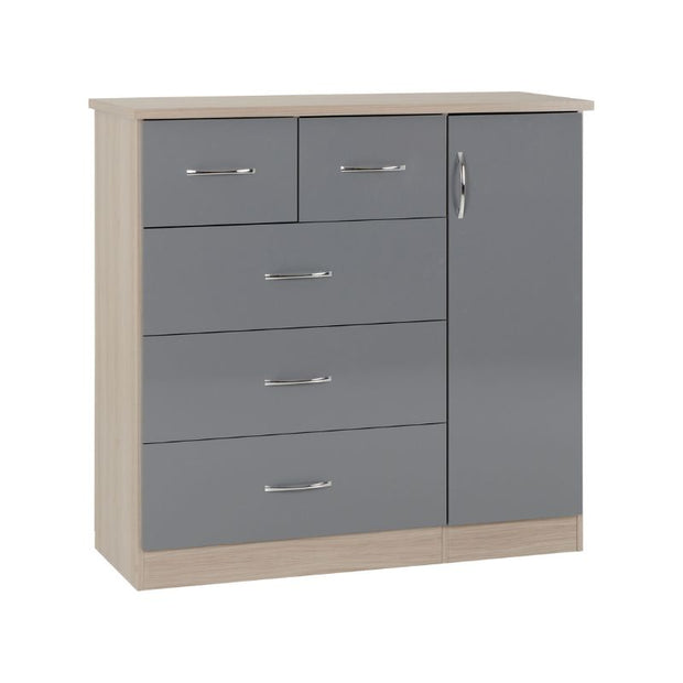 SECONIQUE, Nevada, 5 Draw, Grey, Gloss, Light Oak, Low, Wardrobe - yofurn