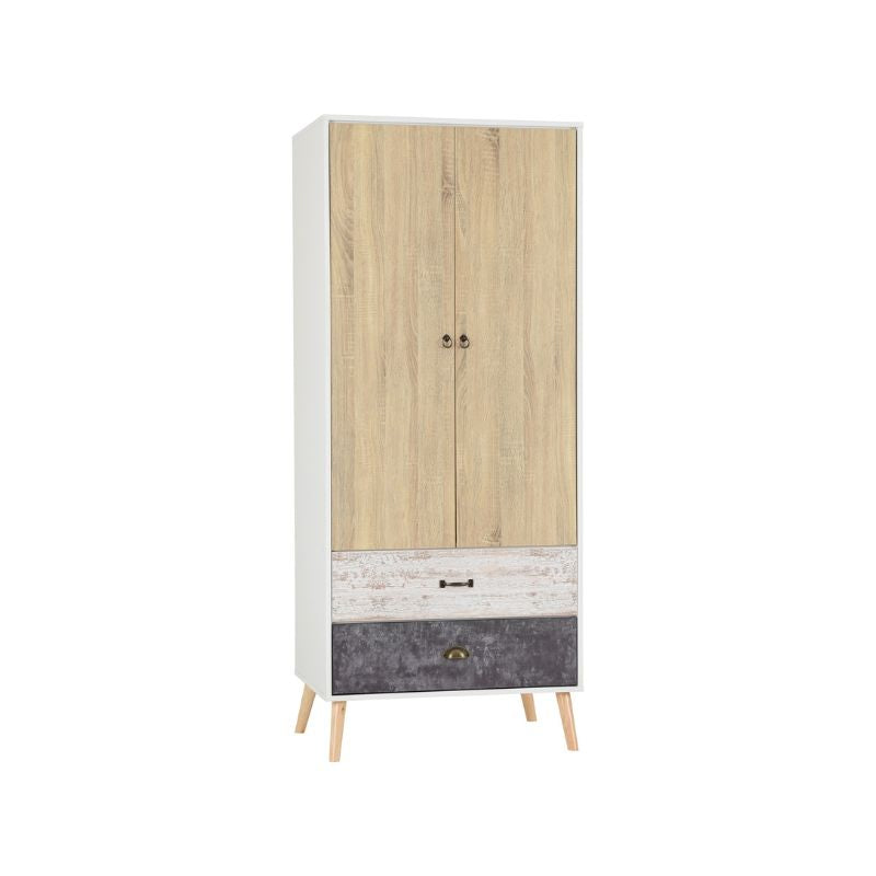 SECONIQUE, Nordic, 2 Door, 2 Draw, White, Distressed, Wardrobe - yofurn