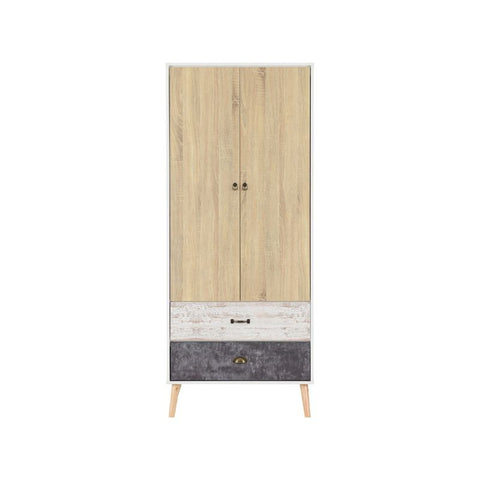 SECONIQUE, Nordic, 2 Door, 2 Draw, White, Distressed, Wardrobe - yofurn