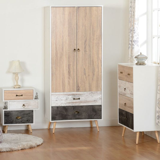 SECONIQUE, Nordic, 2 Door, 2 Draw, White, Distressed, Wardrobe - yofurn