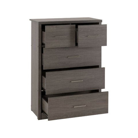 (SECONIQUE) 5 Draw, Black, Wood Grain, Chest Drawer by Lisbon - yofurn