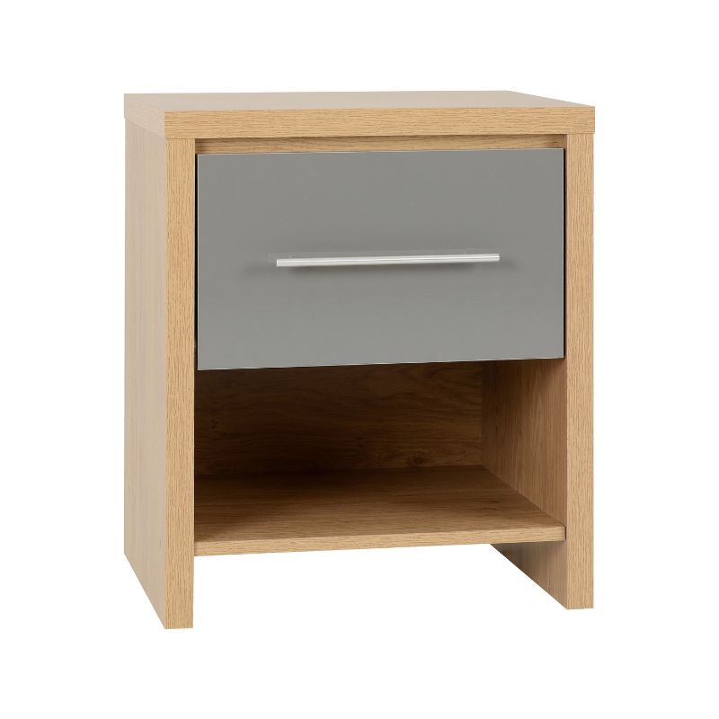 SECONIQUE, Seville, 1 Draw, Gloss, Grey, Light Oak, Bedside Table - yofurn