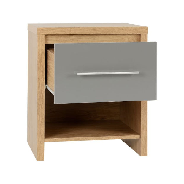 SECONIQUE, Seville, 1 Draw, Gloss, Grey, Light Oak, Bedside Table - yofurn