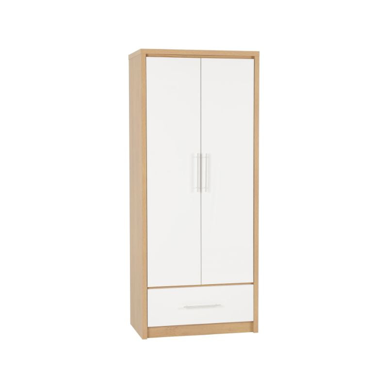 SECONIQUE, Seville, 2 Door, 1 Draw, White, Gloss, Light Oak, Wardrobe - yofurn