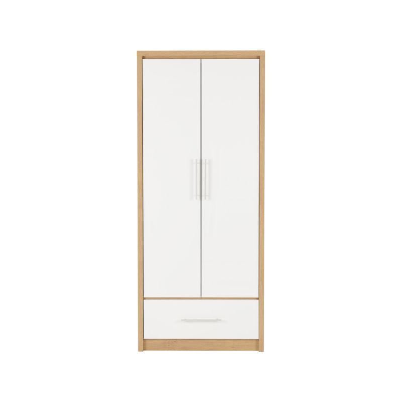 SECONIQUE, Seville, 2 Door, 1 Draw, White, Gloss, Light Oak, Wardrobe - yofurn