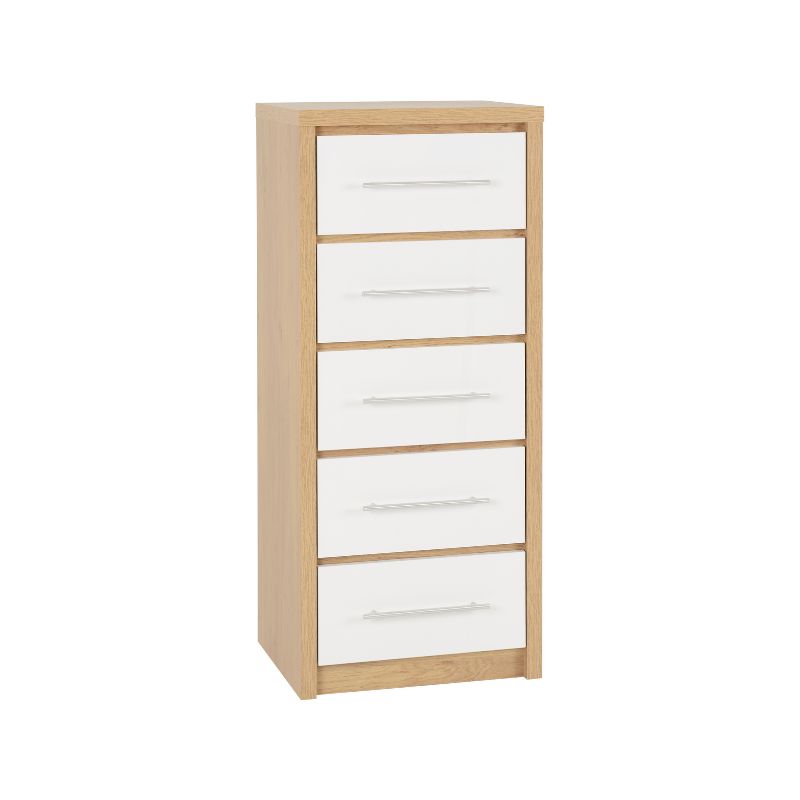 SECONIQUE, Seville, 5 Draw, White, Gloss, Light Oak, Narrow, Chest Drawer - yofurn