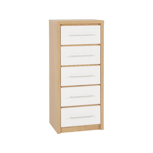 SECONIQUE, Seville, 5 Draw, White, Gloss, Light Oak, Narrow, Chest Drawer - yofurn