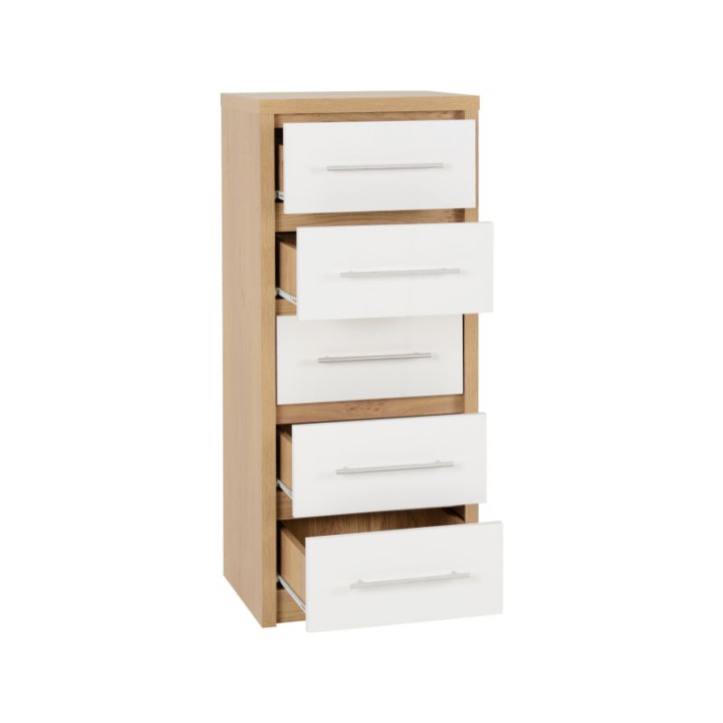 SECONIQUE, Seville, 5 Draw, White, Gloss, Light Oak, Narrow, Chest Drawer - yofurn