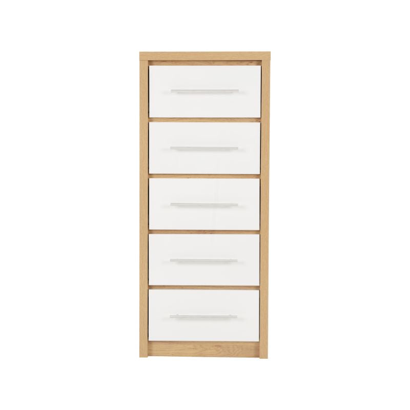 SECONIQUE, Seville, 5 Draw, White, Gloss, Light Oak, Narrow, Chest Drawer - yofurn