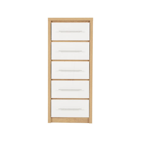 SECONIQUE, Seville, 5 Draw, White, Gloss, Light Oak, Narrow, Chest Drawer - yofurn